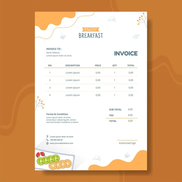 Breakfasts Invoice Template Flat Cartoon Background Vector Illustration — Vetor de Stock