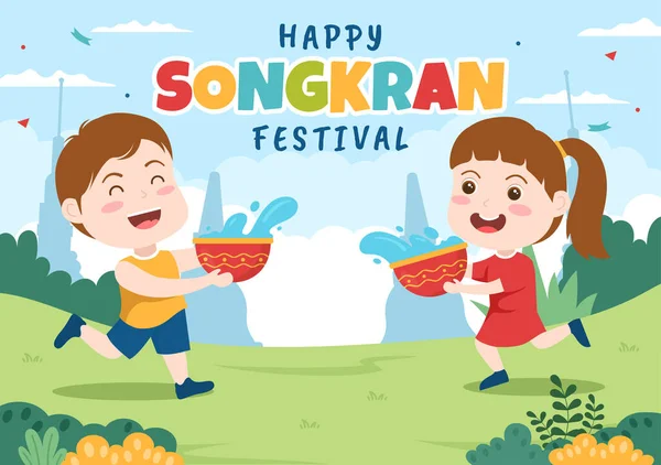 Happy Songkran Festival Day Hand Drawn Cartoon Illustration Cute Little — Stock vektor
