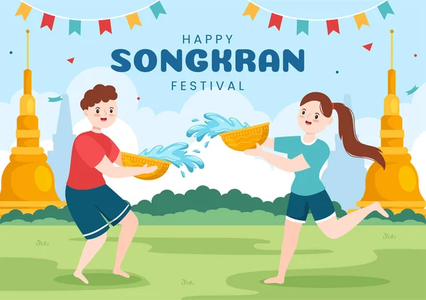 Happy Songkran Festival Day Hand Drawn Cartoon Illustration Playing Water — Stock vektor