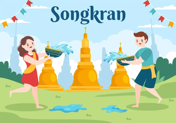 Happy Songkran Festival Day Hand Drawn Cartoon Illustration Playing Water — Vector de stock