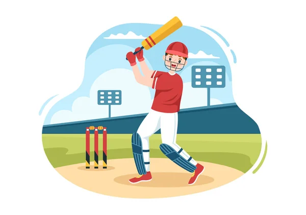 Batsman Playing Cricket Sports Ball Stick Flat Cartoon Field Background — 图库矢量图片