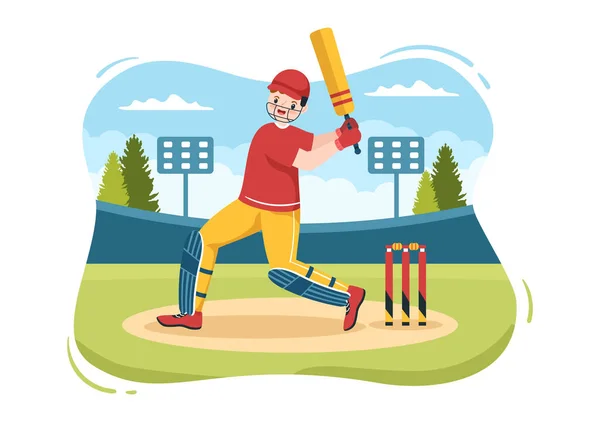 Batsman Playing Cricket Sports Ball Stick Flat Cartoon Field Background — 图库矢量图片