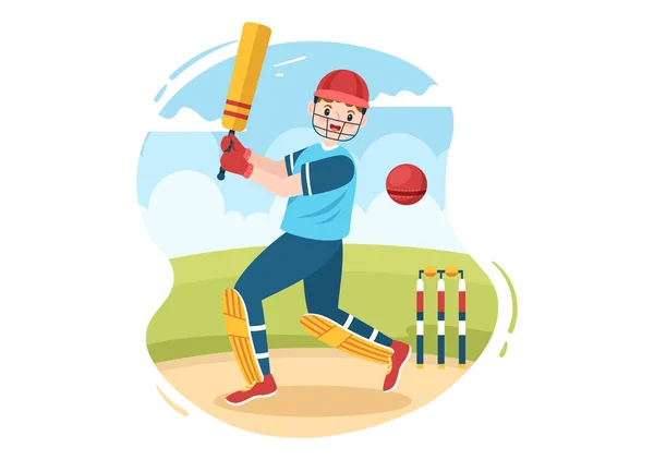 Batsman Playing Cricket Sports Ball Stick Flat Cartoon Field Background — Vettoriale Stock
