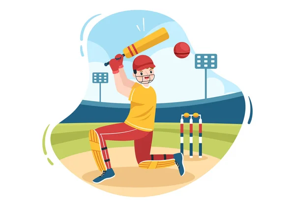 Batsman Playing Cricket Sports Ball Stick Flat Cartoon Field Background — Vetor de Stock