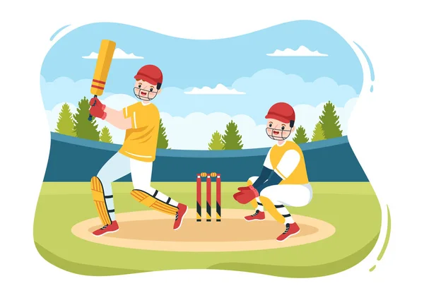 Batsman Playing Cricket Sports Ball Stick Flat Cartoon Field Background — ストックベクタ