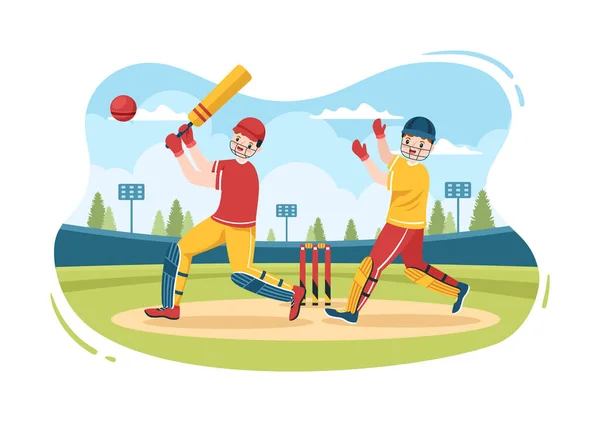 Batsman Playing Cricket Sports Ball Stick Flat Cartoon Field Background — ストックベクタ