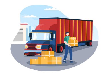 Trucking Transportation Cartoon Illustration with Cargo Delivery Services or Cardboard Box Sent to the Consumer in Flat Style Design