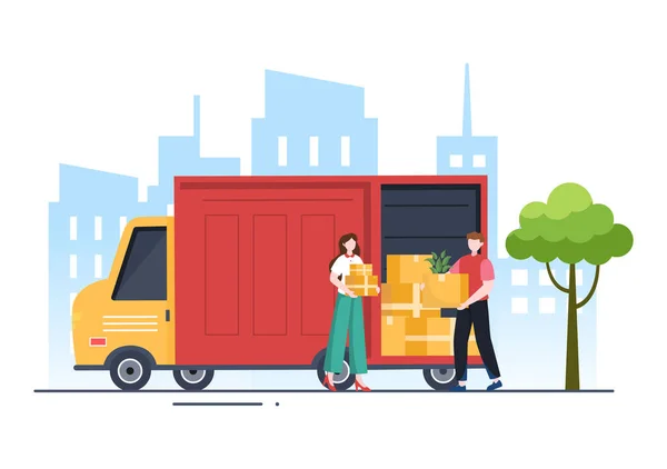 Trucking Transportation Cartoon Illustration Cargo Delivery Services Cardboard Box Sent - Stok Vektor