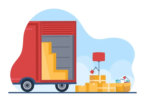 Trucking Transportation Cartoon Illustration Cargo Delivery Services Cardboard Box Sent — Stockvektor