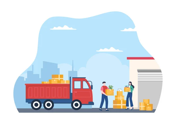 Trucking Transportation Cartoon Illustration Cargo Delivery Services Cardboard Box Sent — Vetor de Stock