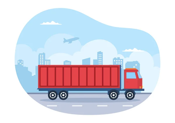 Trucking Transportation Cartoon Illustration Cargo Delivery Services Cardboard Box Sent — стоковый вектор