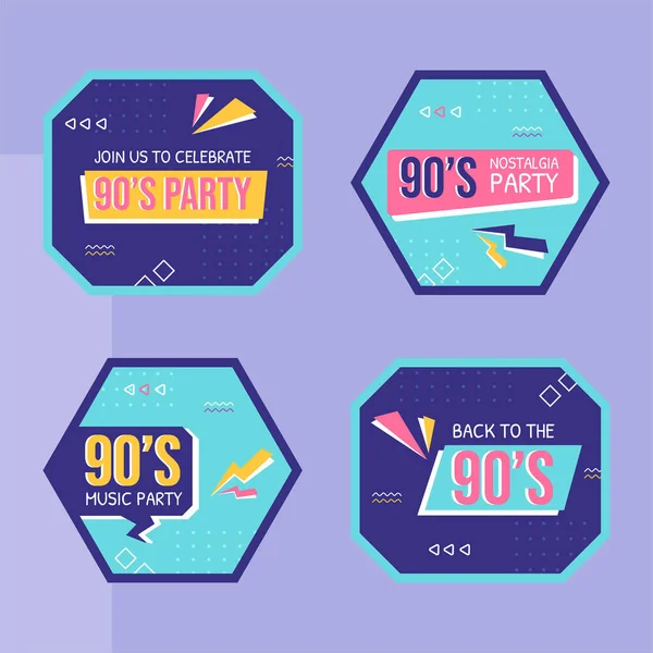 90S Retro Party Label Template Flat Cartoon Background Vector Illustration — Vettoriale Stock