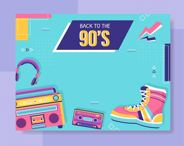90S Retro Party Photocall Template Flat Cartoon Background Vector Illustration — Stock Vector