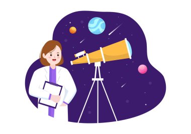 Düz El Tarzı Teleskopla Uzayda İnsanların Gece Yıldızlı Gökyüzünü, Galaksiyi ve Gezegenleri İzlediği Astronomi Çizim Çizimi