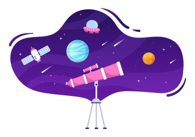 Yıldızlı Gökyüzünü, Galaksiyi ve Gezegenleri Düz El Tarzında İzlemek İçin Teleskopla Astronomi Çizim Çizimi