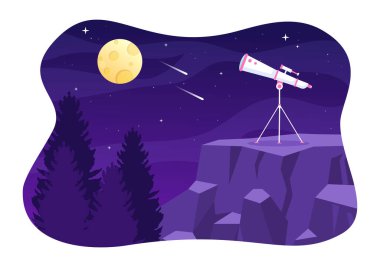 Astronomy Cartoon Illustration with Telescope for Watching Starry Sky, Galaxy and Planets in Outer Space in Flat Hand Drawn Style