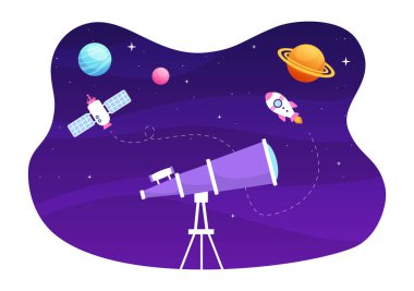 Yıldızlı Gökyüzünü, Galaksiyi ve Gezegenleri Düz El Tarzında İzlemek İçin Teleskopla Astronomi Çizim Çizimi