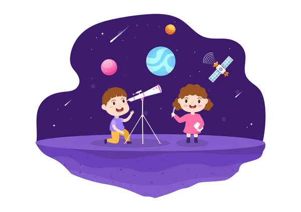 Astronomy Cartoon Illustration Cute Kids Watching Night Starry Sky Galaxy — 스톡 벡터