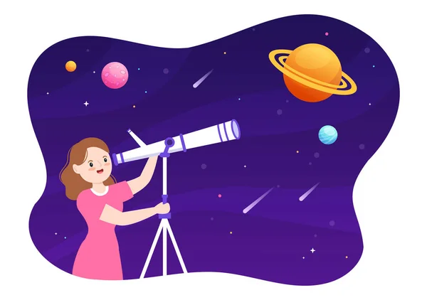 Astronomy Cartoon Illustration People Watching Night Starry Sky Galaxy Planets — 스톡 벡터