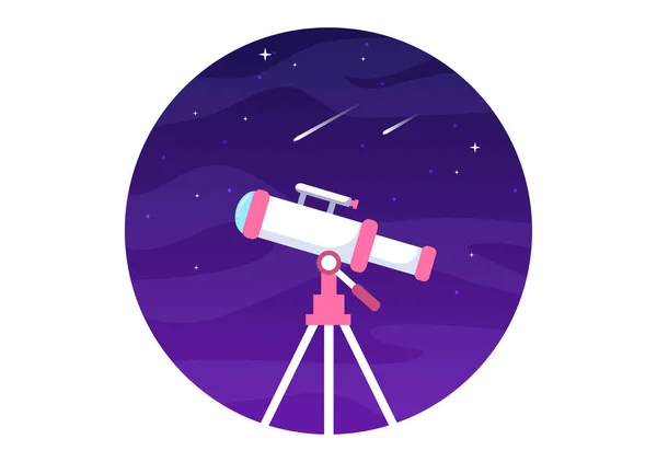 Astronomy Cartoon Illustration Telescope Watching Starry Sky Galaxy Planets Outer — Stock Vector