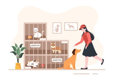 Animal Shelter Cartoon Illustration with Pets Sitting in Cages and Volunteers Feeding Animals for Adopting in Flat Hand Drawn Style Design