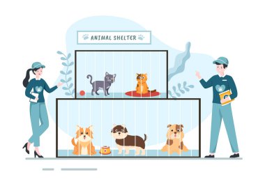 Animal Shelter Cartoon Illustration with Pets Sitting in Cages and Volunteers Feeding Animals for Adopting in Flat Hand Drawn Style Design
