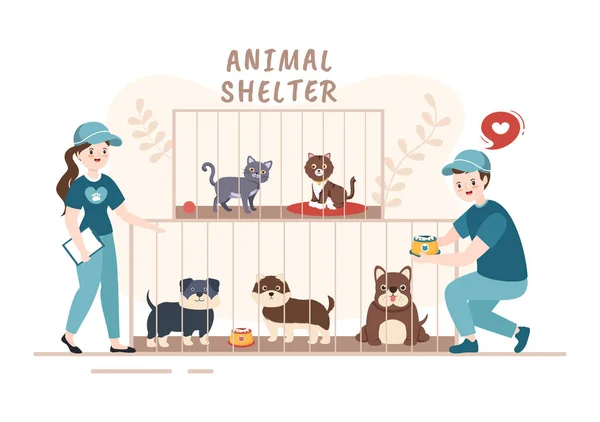 Animal Shelter Cartoon Illustration Pets Sitting Cages Volunteers Feeding Animals — 스톡 벡터