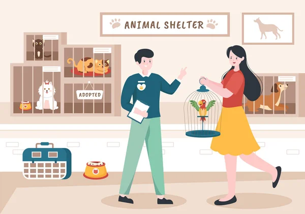 Animal Shelter Cartoon Illustration Pets Sitting Cages Volunteers Feeding Animals — Stock Vector