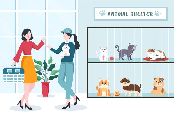Animal Shelter Cartoon Illustration Pets Sitting Cages Volunteers Feeding Animals — Stock Vector