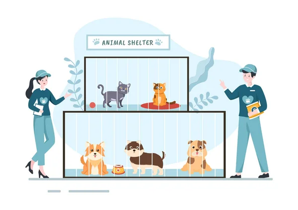 Animal Shelter Cartoon Illustration Pets Sitting Cages Volunteers Feeding Animals — Stock Vector