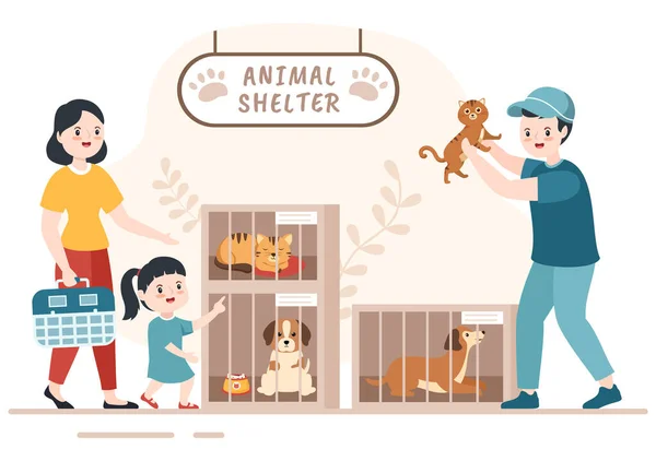 Animal Shelter Cartoon Illustration Pets Sitting Cages Volunteers Feeding Animals — Vettoriale Stock