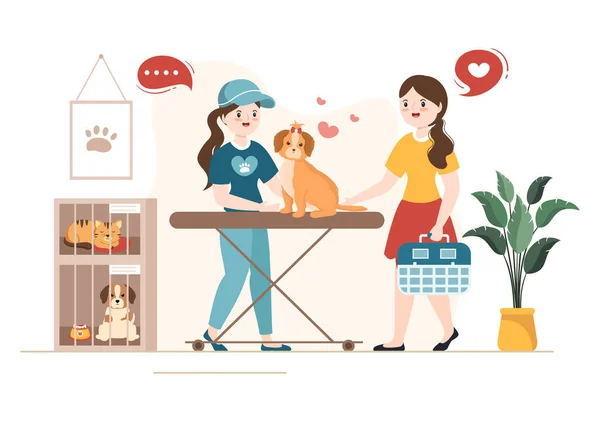 Animal Shelter Cartoon Illustration Pets Sitting Cages Volunteers Feeding Animals — Wektor stockowy