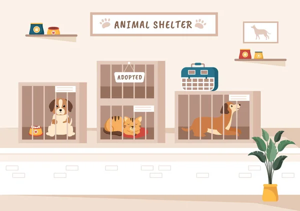Animal Shelter Cartoon Illustration Pets Sitting Cages Volunteers Feeding Animals — 스톡 벡터