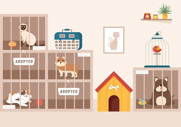 Animal Shelter Cartoon Illustration Pets Sitting Cages Volunteers Feeding Animals —  Vetores de Stock