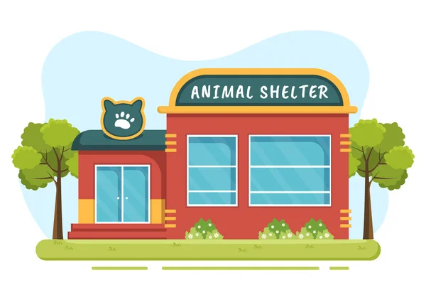 Animal Shelter House Cartoon Illustration Containing Animals Adoption Flat Hand — Stock Vector