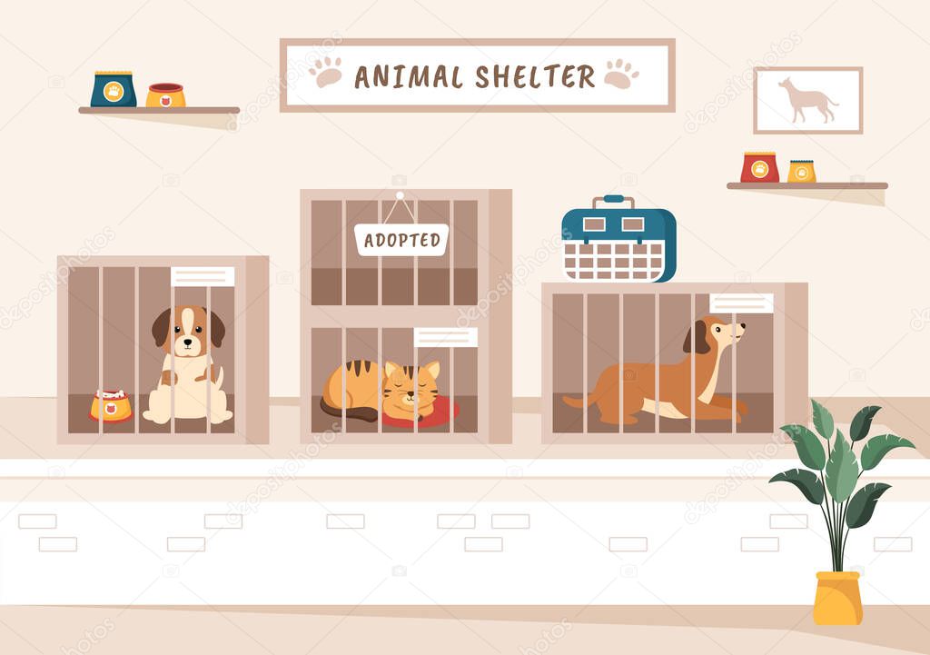 Animal Shelter Cartoon Illustration with Pets Sitting in Cages and Volunteers Feeding Animals for Adopting in Flat Hand Drawn Style Design