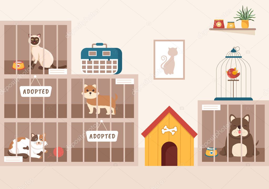 Animal Shelter Cartoon Illustration with Pets Sitting in Cages and Volunteers Feeding Animals for Adopting in Flat Hand Drawn Style Design
