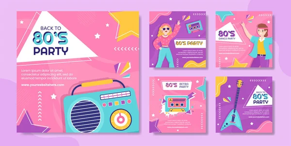 80S Party Social Media Post Template Flat Cartoon Background Vector — Vettoriale Stock