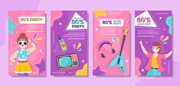 80S Party Social Media Stories Template Flat Cartoon Background Vector — Vettoriale Stock