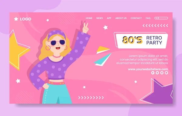 80S Party Social Media Landing Page Template Flat Cartoon Background — Stock Vector