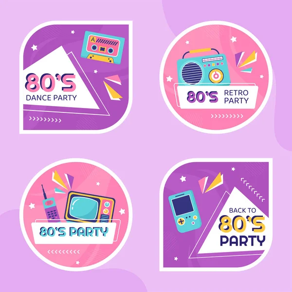 80S Party Label Template Flat Cartoon Background Vector Illustration — Vettoriale Stock