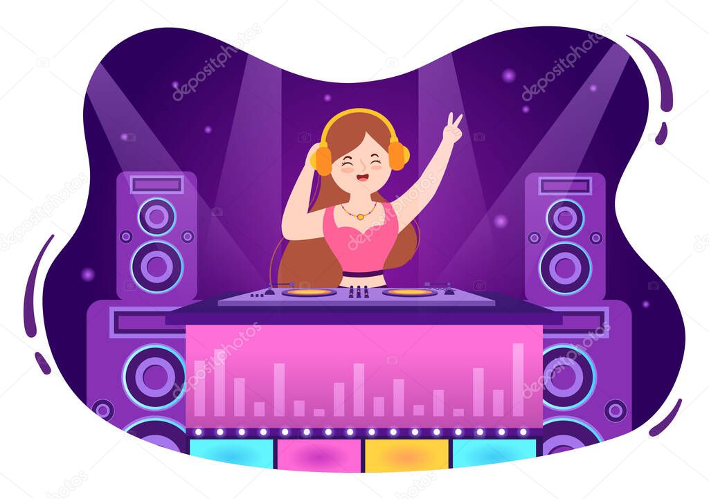 Night Club Cartoon Illustration with Nightlife like a Young People Drink Alcohol and Youth Dance Accompanied by Dj Music in Spotlight