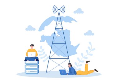 ISP or Internet Service Provider Cartoon Illustration with Keywords and Icons for Intranet Access, Secure Network Connection and Privacy Protection
