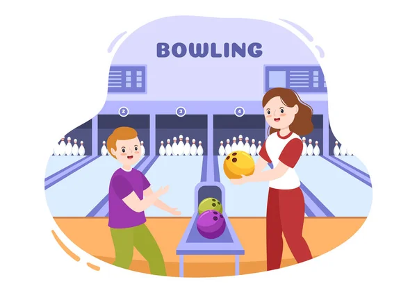 People Play Bowling Game Hand Drawn Cartoon Flat Design Illustration — Wektor stockowy