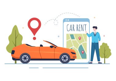 Car Rental, Booking Reservation and Sharing using Service Mobile Application with Route or Points Location in Hand Drawn Cartoon Flat Illustration