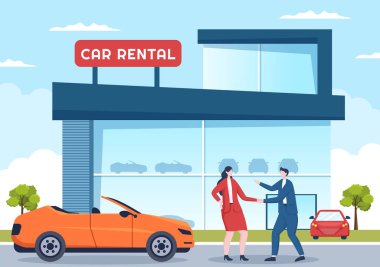 Car Rental, Booking Reservation and Sharing using Service Mobile Application with Route or Points Location in Hand Drawn Cartoon Flat Illustration