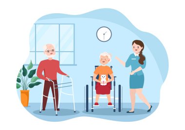 Elderly Care Services Hand Drawn Cartoon Flat Illustration with Caregiver, Nursing Home, Assisted Living and Support Design