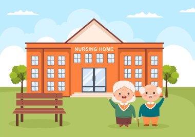 Elderly Care Services Hand Drawn Cartoon Flat Illustration with Caregiver, Nursing Home, Assisted Living and Support Design