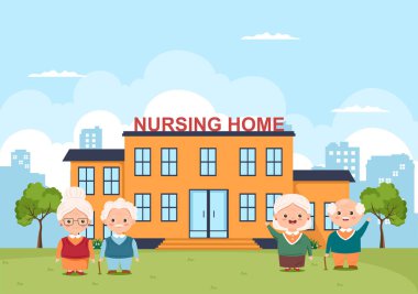 Elderly Care Services Hand Drawn Cartoon Flat Illustration with Caregiver, Nursing Home, Assisted Living and Support Design