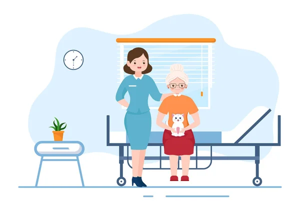 Elderly Care Services Hand Drawn Cartoon Flat Illustration Caregiver Nursing — 图库矢量图片